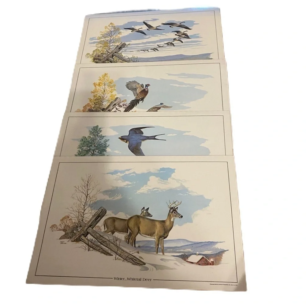 Vintage Whirley 1975 Placemats Four Seasons on the Farm Whitetail Deer Birds 4